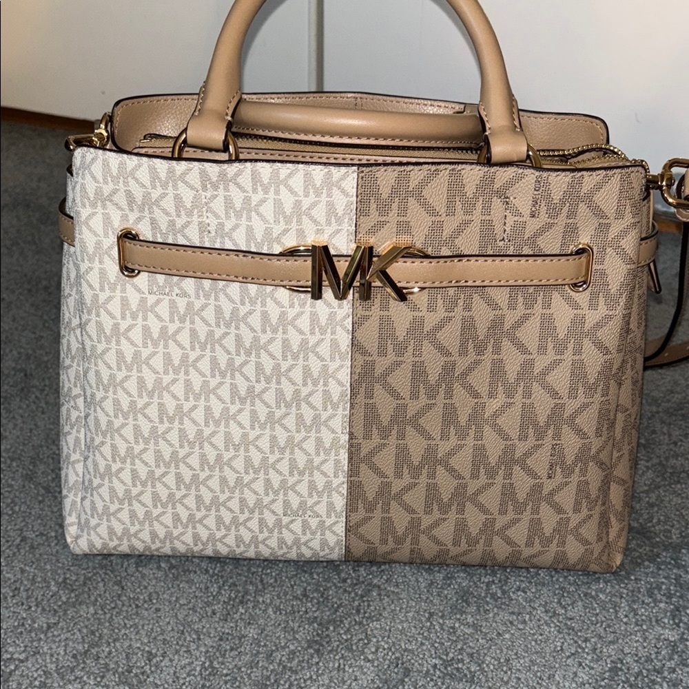 Michael Kors Two-Tone Logo Satchel in Beige and Cream